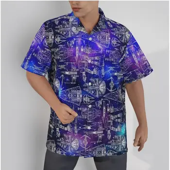 Мужская гавайская рубашка с принтом космического корабля, пляжные Летние повседневные топы на пуговицах в стиле пэчворк, 3D рубашки