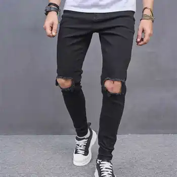 2023 Мужские джинсы Корейский тренд, тонкие повседневные Мужские джинсовые брюки с дырками до колена, уличная мода, брюки полной длины