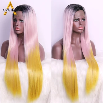 Розовый синтетический парик на кружеве 13X4 цвета омбре, длинный прямой желтый парик, бесклеевые предварительно выщипанные термостойкие парики для косплея для женщин 180%