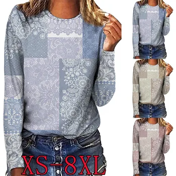 Осенне-зимняя женская одежда с круглым воротом, элегантный пуловер с длинным рукавом, топы с принтом нового дизайна, футболка в стиле ретро XS-8XL