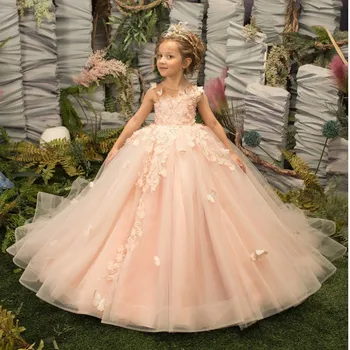 Пышные платья с цветочным узором из тюля без рукавов для девочек на свадьбу, детское праздничное платье с кружевными аппликациями для причастия принцессы
