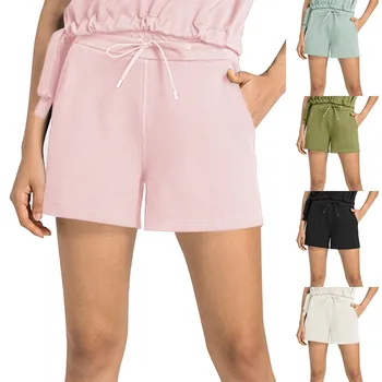 Женские спортивные шорты с высокой талией, повседневные хлопковые тренировочные шорты, шорты для бега на шнурке с 2 карманами