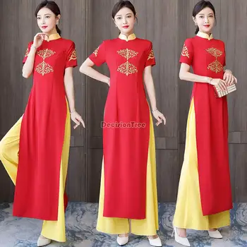 2023 платье аодай в китайском народном стиле, вьетнамское шифоновое женское платье аодай + комплект брюк, женское элегантное платье чонсам, элегантное вечернее платье