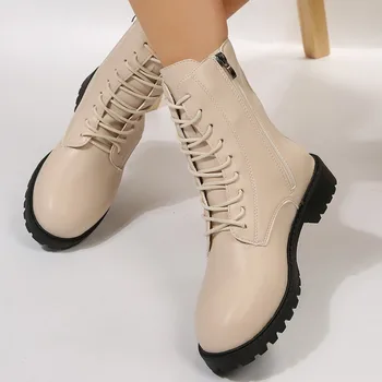 Брендовая женская обувь 2023, женские ботильоны из искусственной кожи, классические современные ботинки, женские туфли на низком каблуке со шнуровкой и боковой молнией, с круглым носком