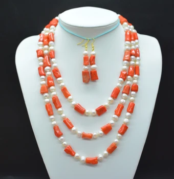 Симпатичная. Изысканные 3 ряда. Ярко-оранжевое ожерелье из кораллов неправильной формы и натурального жемчуга. Серьги. Набор свадебных ожерелий в африканском стиле -20-26 дюймов