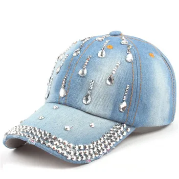 Модная женская кепка для отдыха, новые джинсовые кепки в стиле хип-хоп со стразами в виде капель воды, Винтажные джинсовые хлопковые бейсболки для мужчин, горячая распродажа