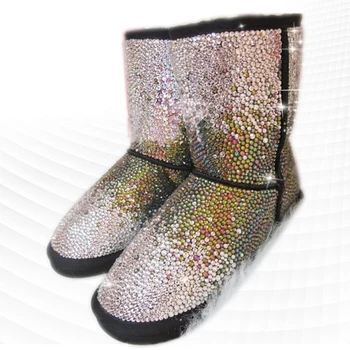 Модные цветные зимние ботинки со стразами, толстая теплая нескользящая популярная женская хлопчатобумажная обувь с бархатной женской обувью