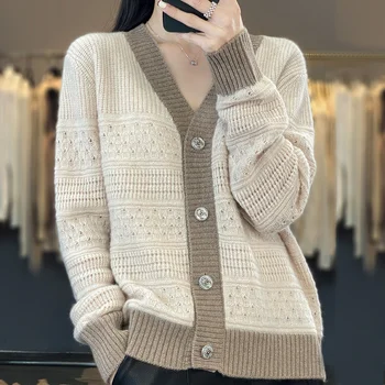 Новый Модный свитер 2023, пальто, женский Корейский осенний кардиган с длинным рукавом, полая, подходящая по цвету Повседневная Свободная вязаная кофта, женские топы