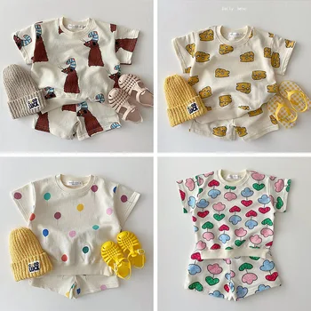 Корейские летние детские комплекты, комплекты одежды для новорожденных с героями мультфильмов, футболки, короткие хлопковые комплекты одежды для маленьких девочек и мальчиков от 0 до 4 лет