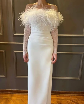Other Shore Белые атласные платья для выпускного вечера с перьями, длинные рукава, без бретелек, длиной до щиколоток, Женское элегантное вечернее платье 2023