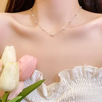 Изысканное тонкое элегантное женское ожерелье из бисера, металлическое покрытие, цепочка-ошейник серебристого цвета, Корейская мода, короткое колье, ювелирные изделия