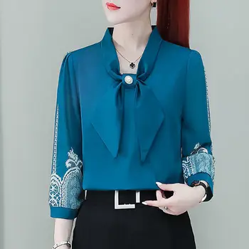Модная кружевная блузка с бантом, расшитая бисером, Женская одежда, осень 2023, Новые повседневные пуловеры оверсайз, универсальная офисная женская рубашка