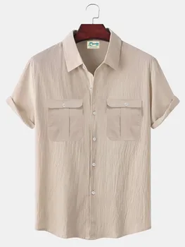 Мужская рубашка 2023, Летняя Повседневная мужская рубашка с коротким рукавом и лацканами, Однотонные хлопчатобумажные льняные рубашки с карманами, Элегантная одежда делового человека