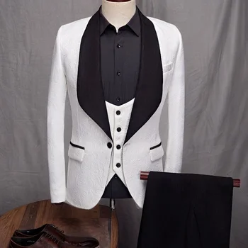 Приталенные свадебные костюмы из 3 предметов для мужчин, блейзер с цветочным рисунком, шаль, жилет и брюки, Смокинг для жениха на заказ, мужская мода