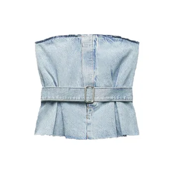 Зак АйИса, высококачественная летняя новая женская одежда, темпераментный модный универсальный топ-труба, сексуальный облегающий джинсовый топ с открытыми плечами