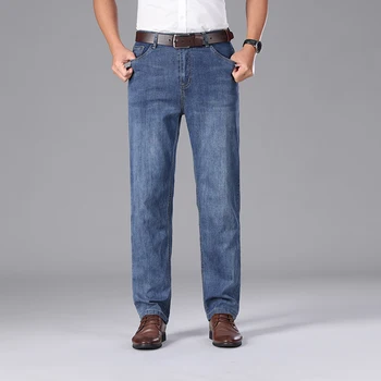 Большие размеры 40 42, мужские летние синие Прямые Свободные Тонкие джинсы, деловые Элегантные повседневные хлопковые стрейчевые джинсовые брюки, Мужской бренд