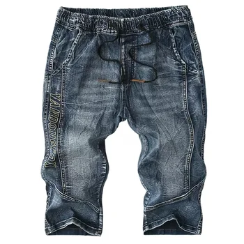 Джинсовые укороченные шорты с эластичным поясом, мужские свободные брюки среднего размера, ковбойские брюки большого размера для среднего человека
