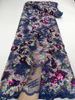 2023 Роскошный французский тюль сетка кружево Темно-синие блестки бусины Африканская нигерийская вышивка кружевная ткань сшитое свадебное платье