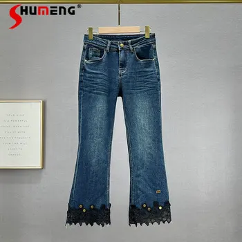 Модные джинсовые брюки-клеш 2023, женские новые осенние эластичные джинсы-скинни с высокой талией, женские укороченные брюки с вышивкой