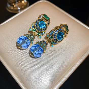 Винтажные синие серьги-капли из бисера, зажим для ушей без пирсинга для женщин, ювелирные подарки