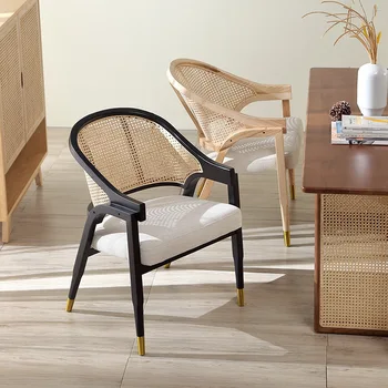 Обеденные стулья из массива дерева, плетеные из ротанга, Ретро-стулья для кафе, стул для отдыха, Скандинавское Дизайнерское кресло Со спинкой, Стулья для гостиной