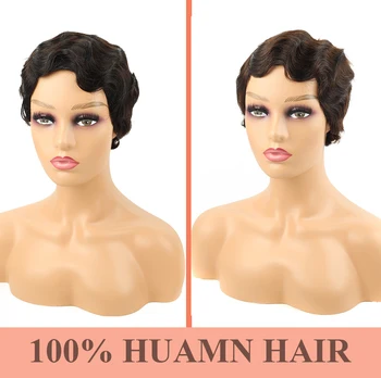 Парики с короткими волнистыми пальцами, бразильский парик из человеческих волос, стрижка Пикси, для чернокожих женщин, натуральные черно-коричневые светлые парики машинного производства