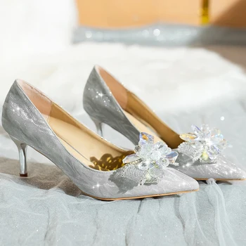Летние женские свадебные туфли на высоком каблуке, босоножки на хрустальной шпильке, Новый тренд 2023, модное сексуальное платье, модные туфли-лодочки, Неглубокая женская обувь для вечеринок