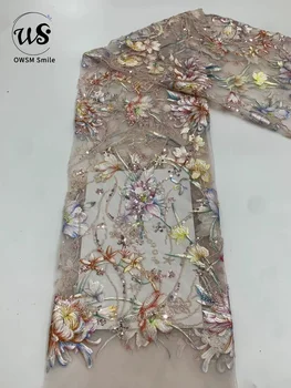 Высококачественные классические ткани с цветами, модная вышивка ручной работы, Сетчатое кружево с бисером и пайетками Для вечернего платья