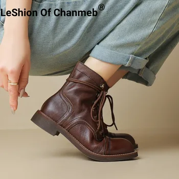 LeShion Of Chanmeb/ Женские ботинки из натуральной кожи, Армейские ботинки в стиле ретро на квадратном каблуке со шнуровкой, Женские ботинки 2024 года, осенне-зимняя обувь на низком каблуке, 39
