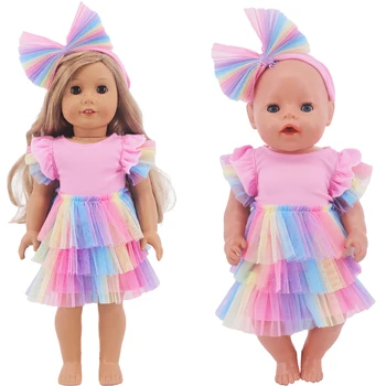 Кукольное Платье + Повязка На Голову, Цветная Тюлевая Юбка для Американской Девочки 18 дюймов и 43 см, Одежда Для Новорожденных Кукол, Аксессуары, Праздничный Подарок