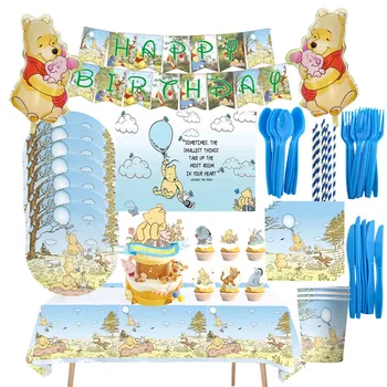 Украшения для вечеринки с Винни-Пухом от Disney, Посуда для вечеринки с медведем, баннеры, тарелки, чашки, соломенный воздушный шар для детского дня рождения