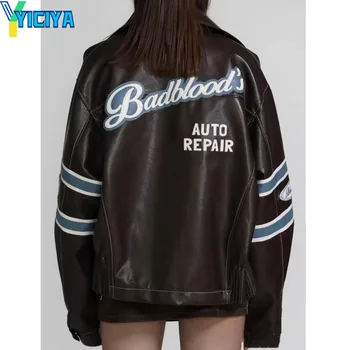 Куртка из искусственной кожи YICIYA Унисекс, Корейская мода, вышивка буквами, зимняя Толстая Мотоциклетная куртка в стиле пэчворк, повседневная верхняя одежда 2023 г.