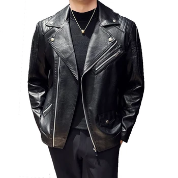Мужская мотоциклетная кожаная куртка в стиле панк Модная и красивая короткая кожаная куртка с лацканами 2023