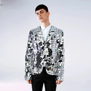 Костюм для выступления Стеклянного человека с блестящим зеркалом, костюм с бриллиантами, пальто, Звездные Блейзеры, куртка, пальто, куртка Celebrate Silver Mirror
