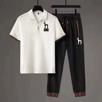 Комплект для ГОЛЬФА Ice Silk Мужские летние Дышащие льняные брюки с коротким рукавом Легкий Роскошный повседневный спортивный комплект для гольфа высокого класса из двух частей