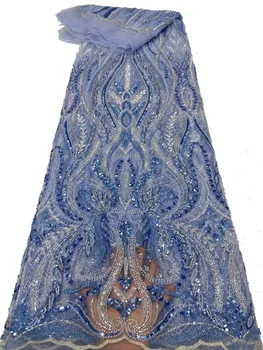 5Y Синяя вышитая тюлевая сетка из бисера ручной работы, искрящийся цветочный дизайн, французские блестки, искрящееся вечернее платье для свадебной вечеринки