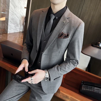 (Куртка + жилет + брюки) Модный однотонный мужской повседневный деловой костюм от элитного бренда, комплект из 3 предметов, свадебное платье жениха 4XL
