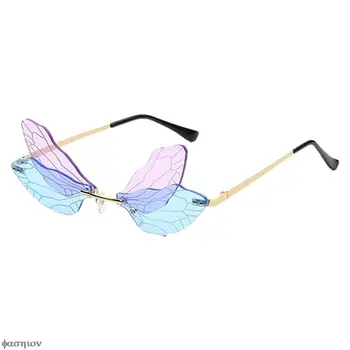 Angel Eyes Винтажные Солнцезащитные очки с крылом Стрекозы, Модные Мужские Солнцезащитные очки без оправы, Розовые Солнцезащитные Очки, Женские очки с прозрачными линзами, Косплей-вечеринка