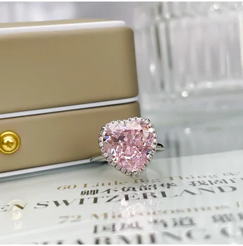 S925 Новое кольцо с розовым бриллиантом в виде сердца из стерлингового серебра для женщин 12 *12, основной камень из высокоуглеродистого бриллианта ледяной огранки