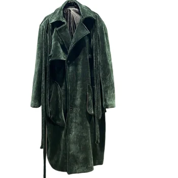 Осень и зима 2023 года длиной выше колена, свободное темно-зеленое вельветовое пальто, утолщенное шерстяное пальто, широкая версия