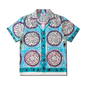 Мужская сорочка высшего качества, мужские рубашки с цветочным узором в этническом стиле, Летние мужские винтажные гавайские пляжные рубашки с коротким рукавом