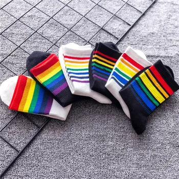 1 пара женских хлопчатобумажных длинных носков в стиле ретро, радужные разноцветные полосатые носки в корейском стиле харадзюку, повседневные удобные дышащие носки