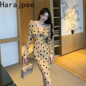 Harajpee Элегантное Женское платье В Корейском стиле Высокого класса, Ранняя осень 2023, Новое Приталенное платье Средней длины с V-образным вырезом, Vestidos Robe