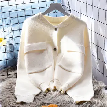 Korejepo Lazy Sweater Jacket Женская Свободная Осенне-зимняя новая Корейская Студенческая верхняя одежда, Мягкий вязаный кардиган с длинными рукавами
