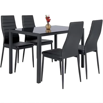 SUGIFT Обеденный набор из 5 предметов, обеденный стол из закаленного стекла с 4 стульями, черный обеденный столовый набор