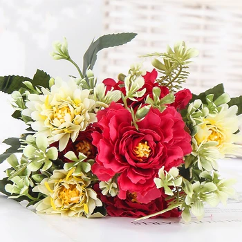Букет искусственных цветов Георгин длиной 34 см, 7 головок, Шелковый искусственный цветок для свадебной церемонии, Домашний декор, стол, вечеринка, Букет в вазе