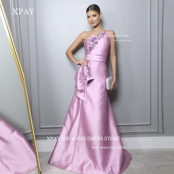 XPAY Элегантные розовые атласные вечерние платья без бретелек с вышивкой бисером, выпускные платья без бретелек для арабских женщин, длинные официальные вечеринки
