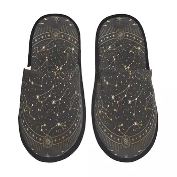 Меховые тапочки Золотые Небесные звезды Зодиакальные созвездия Плюшевые тапочки с открытым носком из пеноматериала Зимняя домашняя обувь
