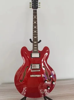 Электрогитара на заказ, джазовая гитара с двойным отверстием F, накладка из розового дерева, красный корпус, быстрая доставка