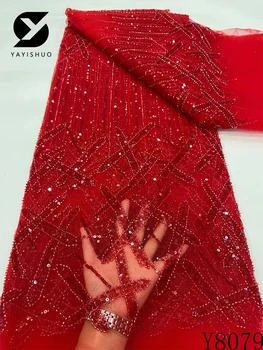 Роскошная Красная Африканская кружевная ткань 5 Ярдов 2023 года, Высококачественная вышивка, Французские блестки, Тюль, Кружевной материал для вечеринки в Нигерийском стиле Y8079